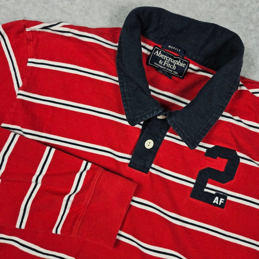 Abercrombie & Fitch Men's XL Red Rugby Shirt Muscle Fit Striped Long Sleeve AF 2